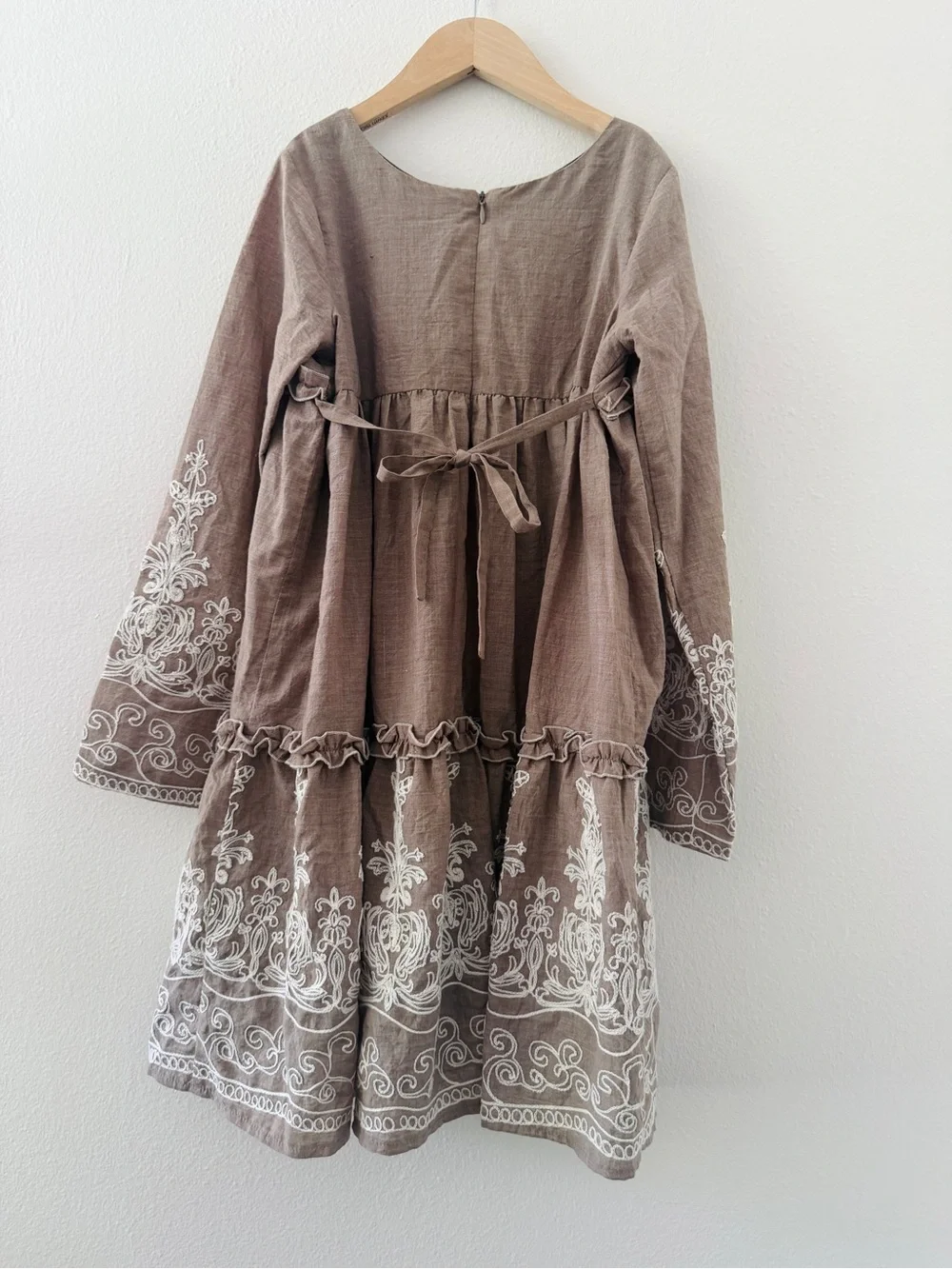 Isabella & Chloe Tan Gray Embroidered Tiered Dress